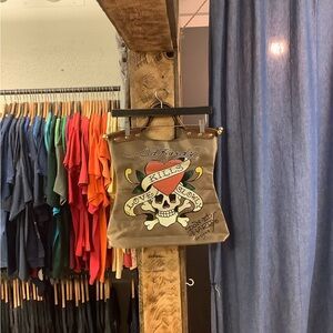 Vintage Ed Hardy Brown Skull Print Tote Bag
